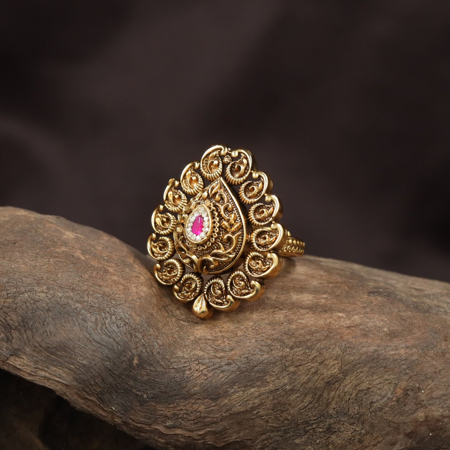 Traditional Teardrop Centre Antique Finger Ring With Curved Scroll Detailing