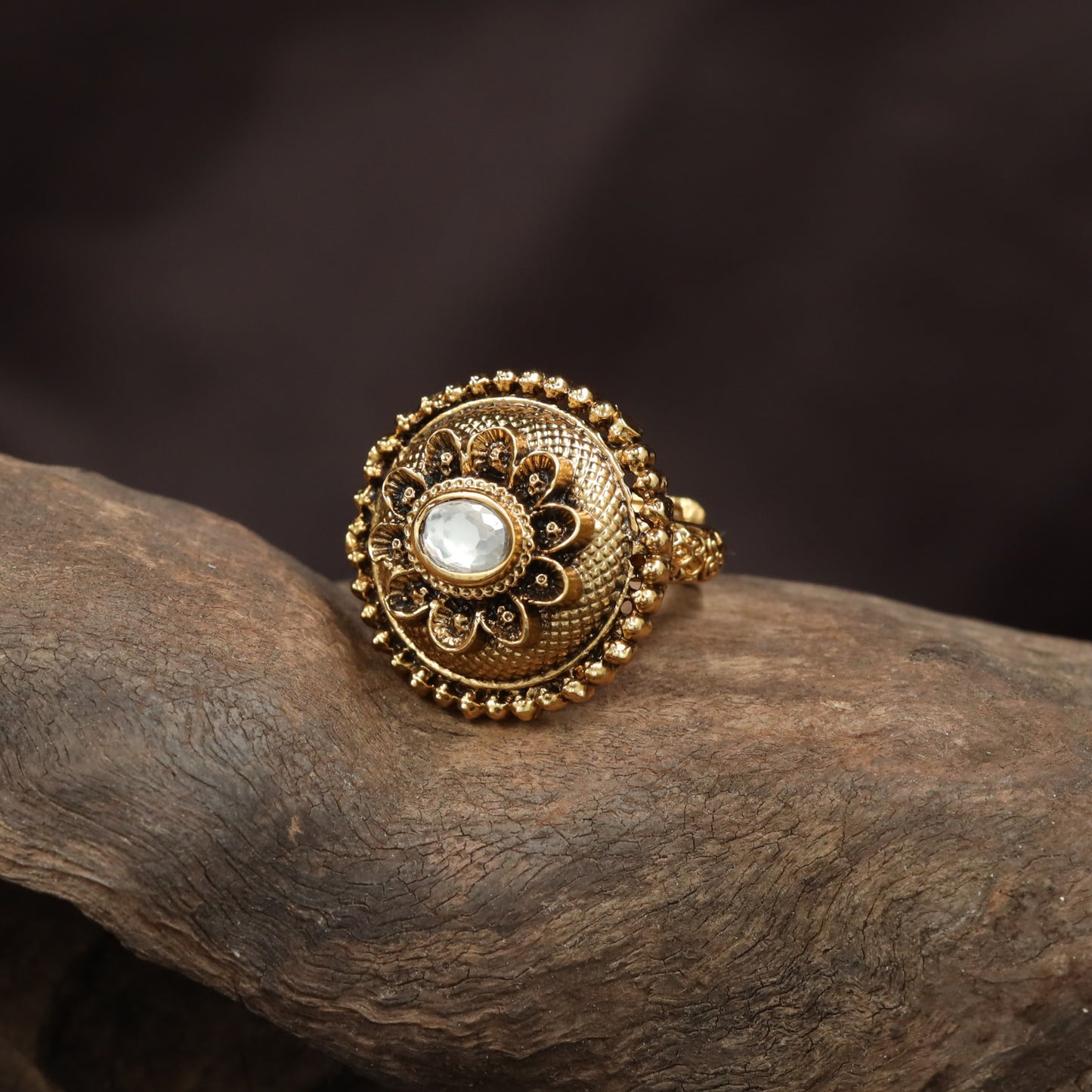 Signature Beaded Border Antique Finger Ring With Decorative Rosette Pattern