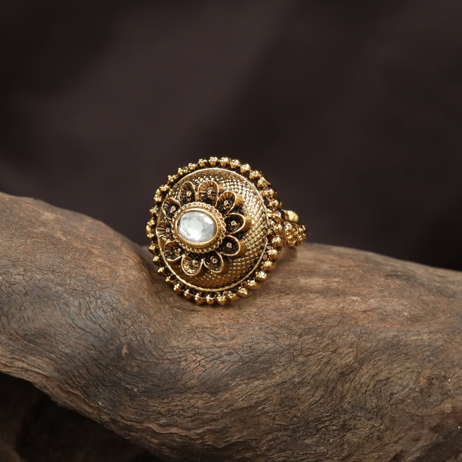 Signature Beaded Border Antique Finger Ring With Decorative Rosette Pattern