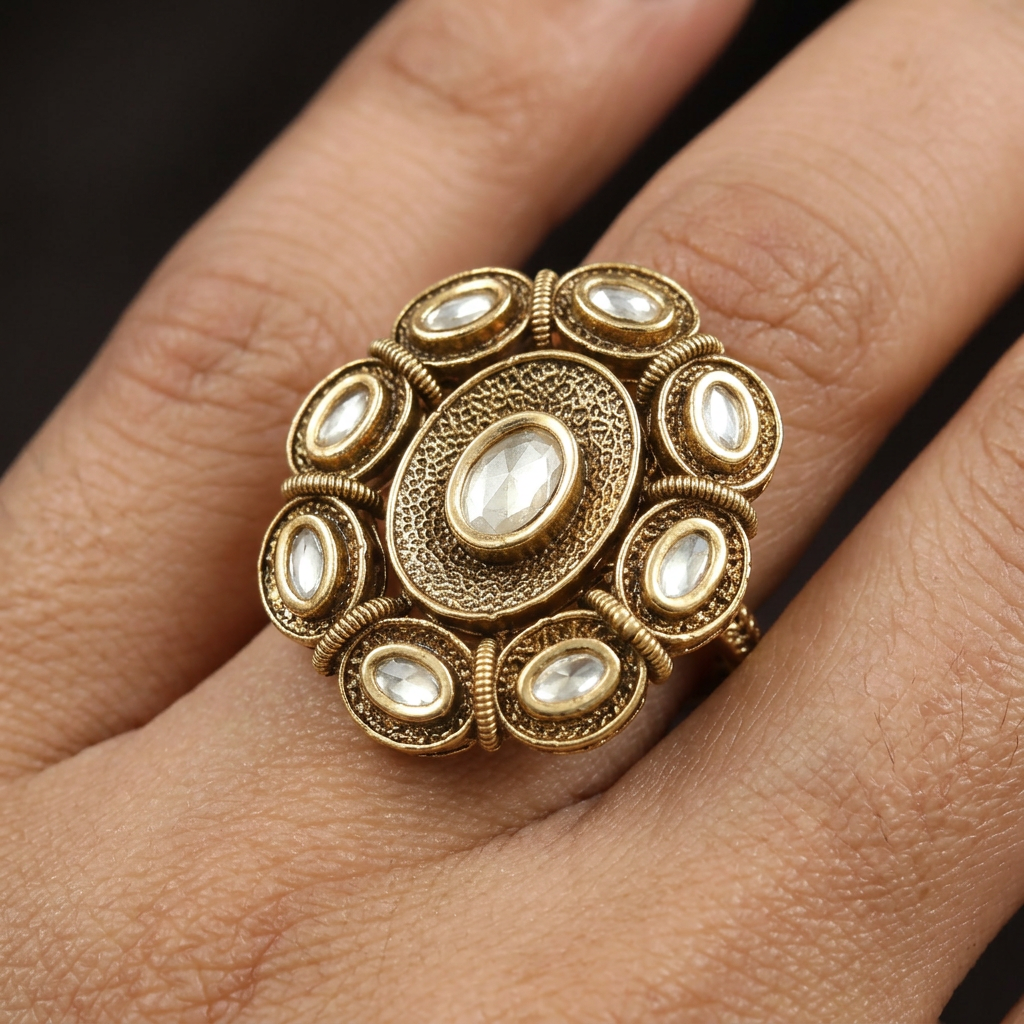 Classic Floral Arrangement Antique Finger Ring With Oval Petal Structure
