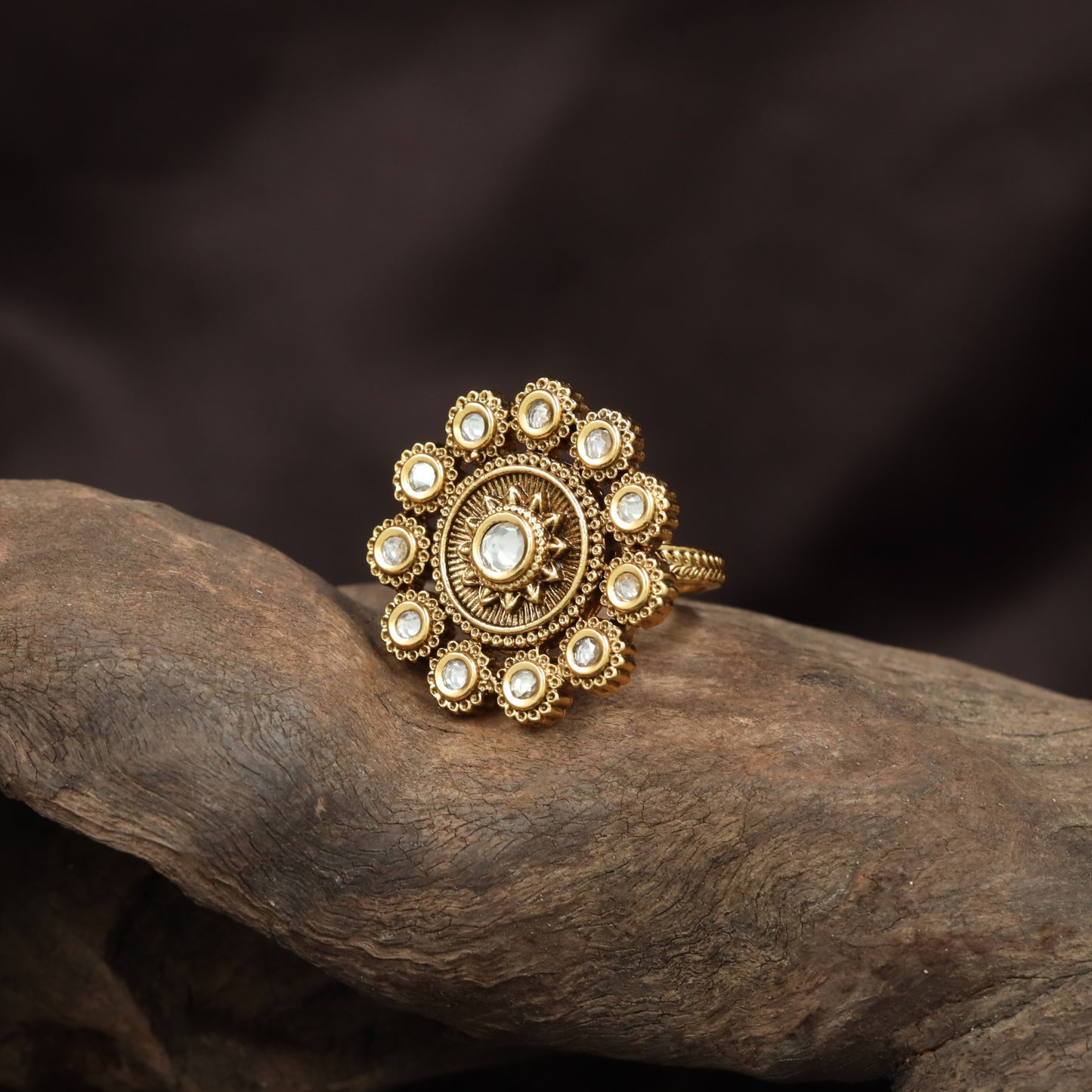 Opulent Petal Border Antique Finger Ring With Circular Floral Centrepiece