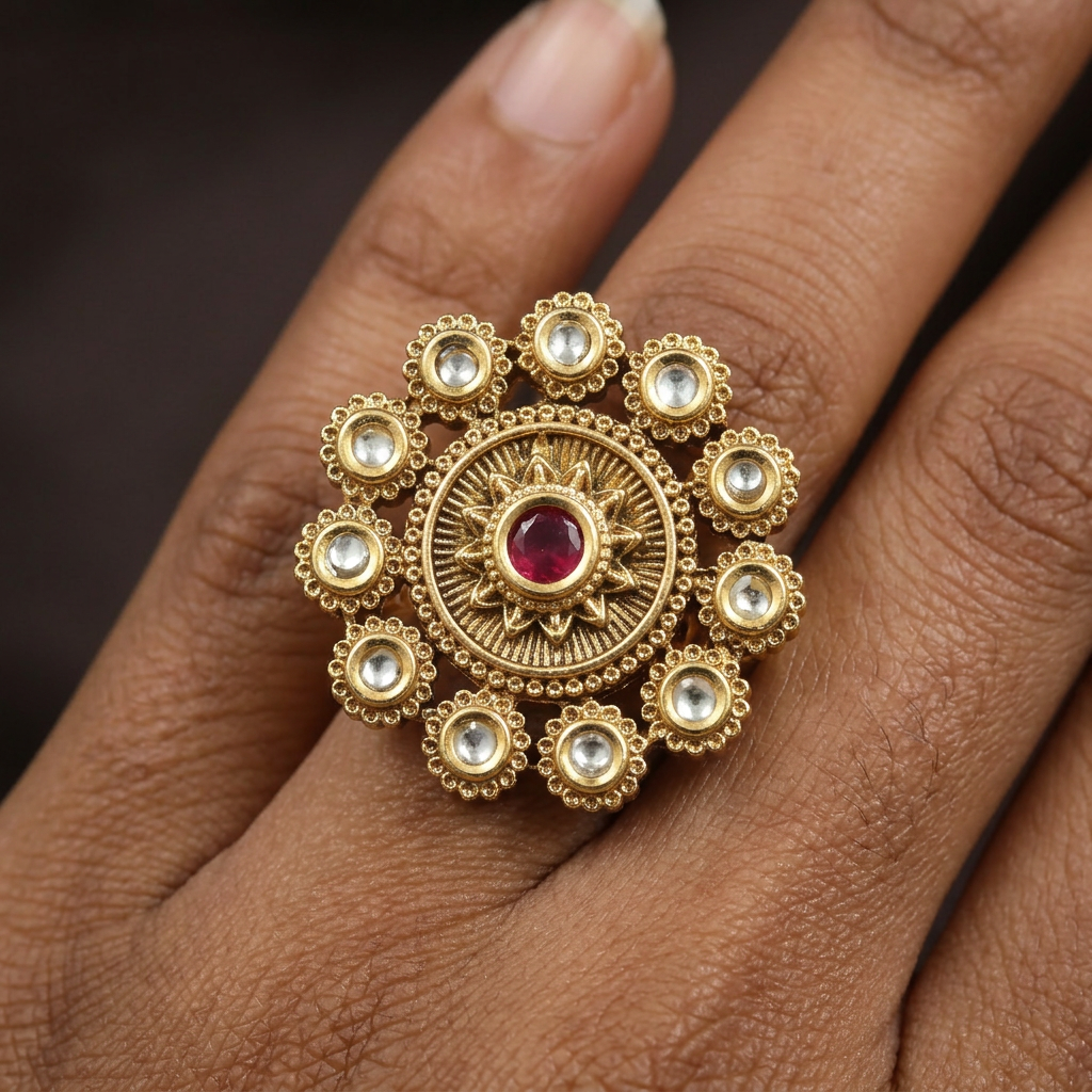 Opulent Petal Border Antique Finger Ring With Circular Floral Centrepiece