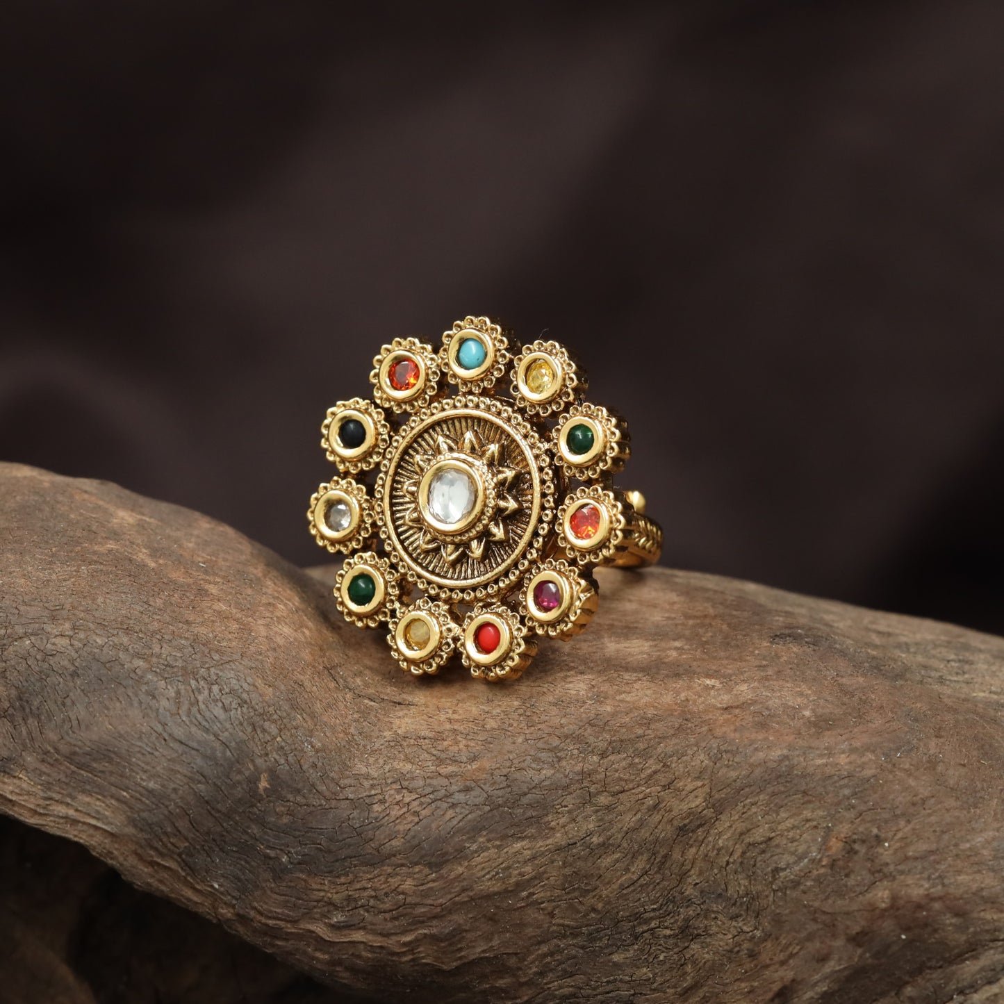 Opulent Petal Border Antique Finger Ring With Circular Floral Centrepiece