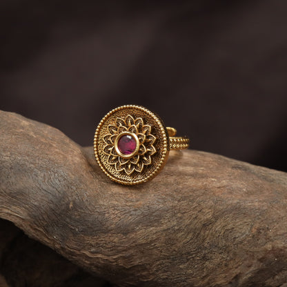 Handcrafted Floral Disc Antique Finger Ring With Ornamental Border Work
