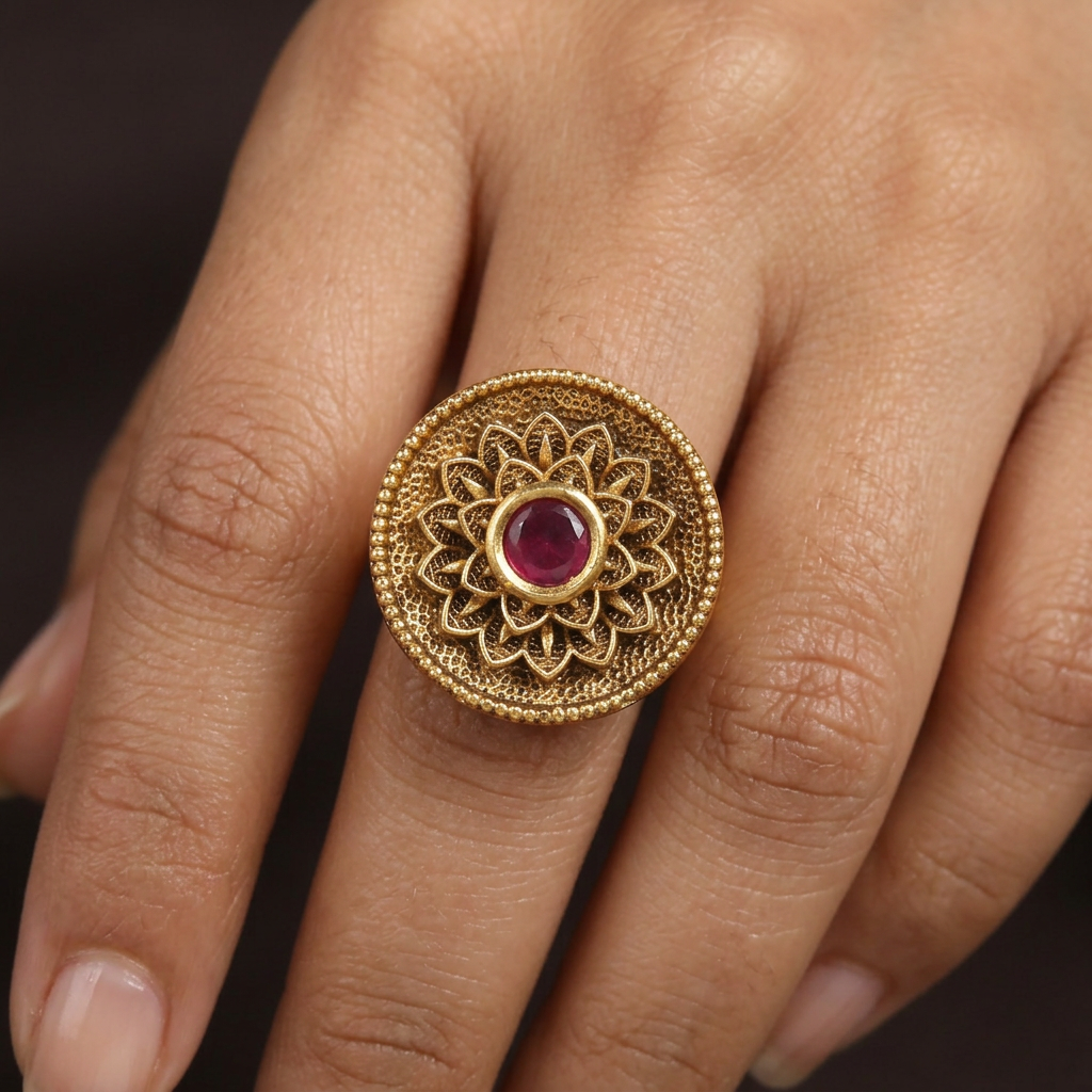 Handcrafted Floral Disc Antique Finger Ring With Ornamental Border Work