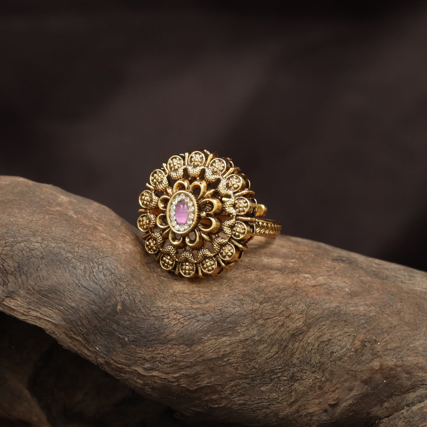 Premium Floral Disc Antique Finger Ring With Layered Petal Detailing