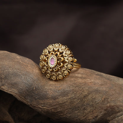 Premium Floral Disc Antique Finger Ring With Layered Petal Detailing