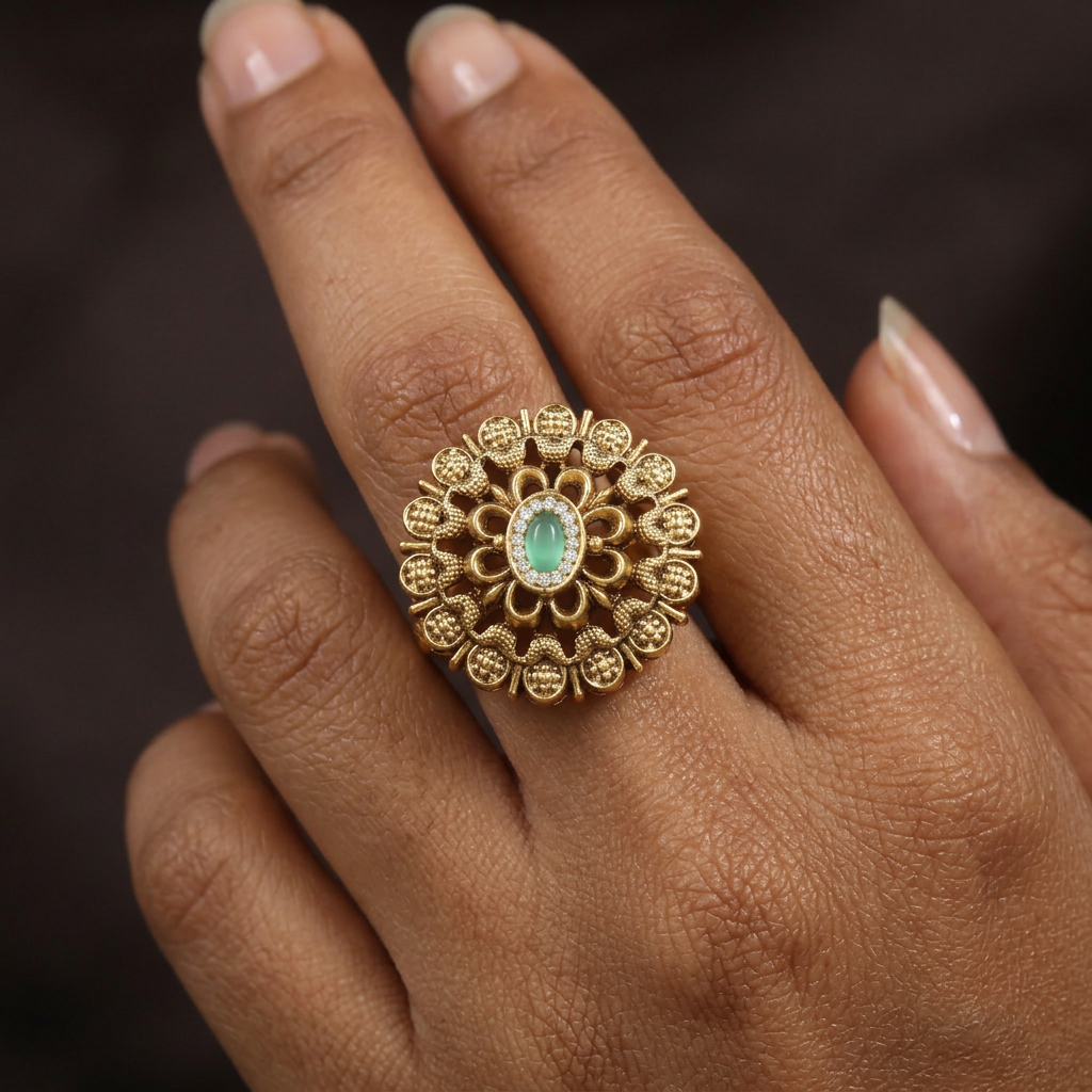 Premium Floral Disc Antique Finger Ring With Layered Petal Detailing