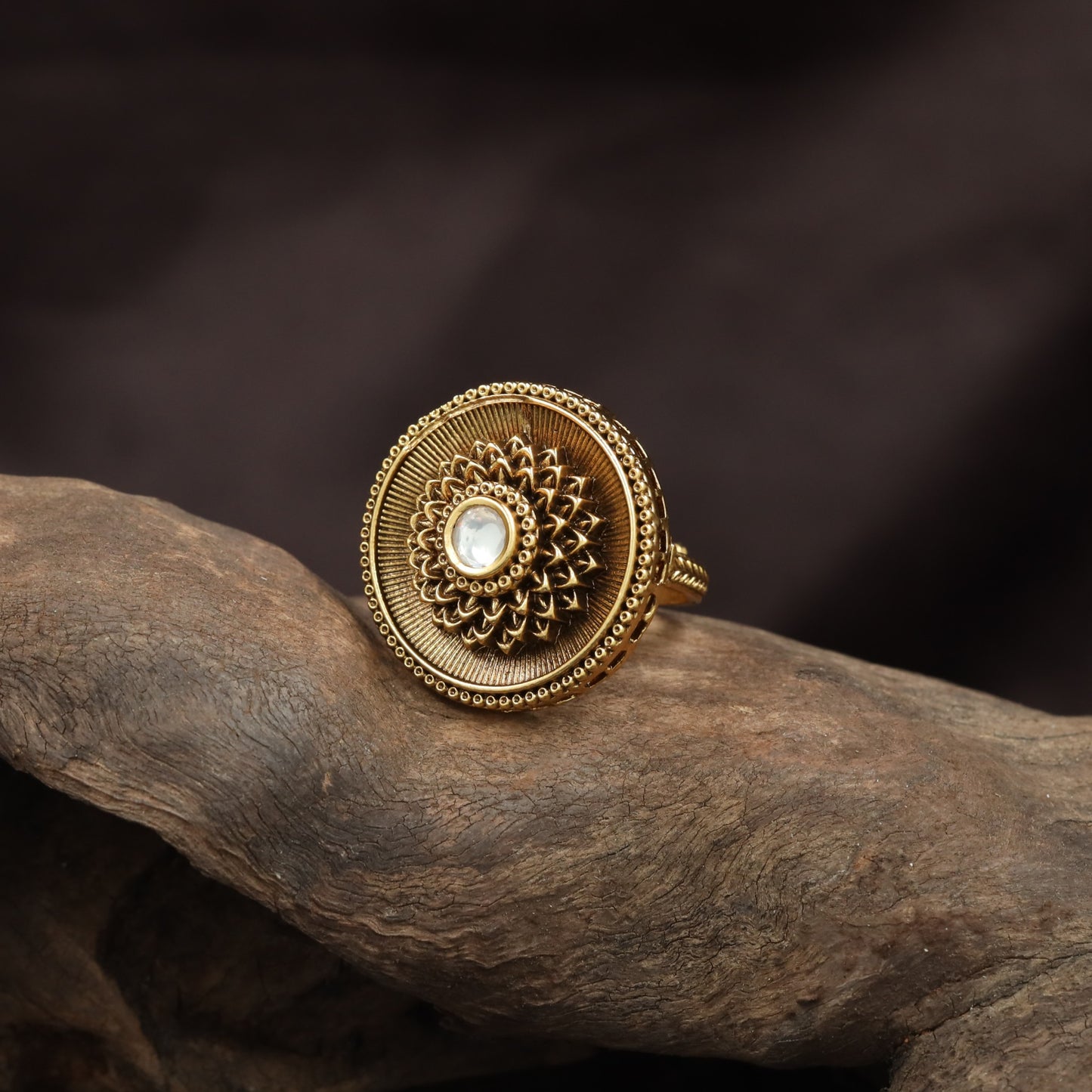 Grand Ornamental Rosette Antique Finger Ring With Textured Border Work