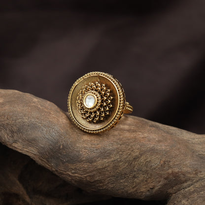 Grand Ornamental Rosette Antique Finger Ring With Textured Border Work