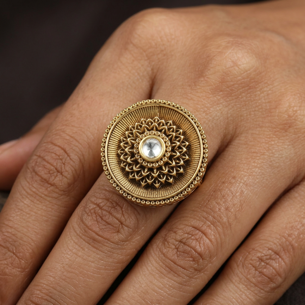 Grand Ornamental Rosette Antique Finger Ring With Textured Border Work