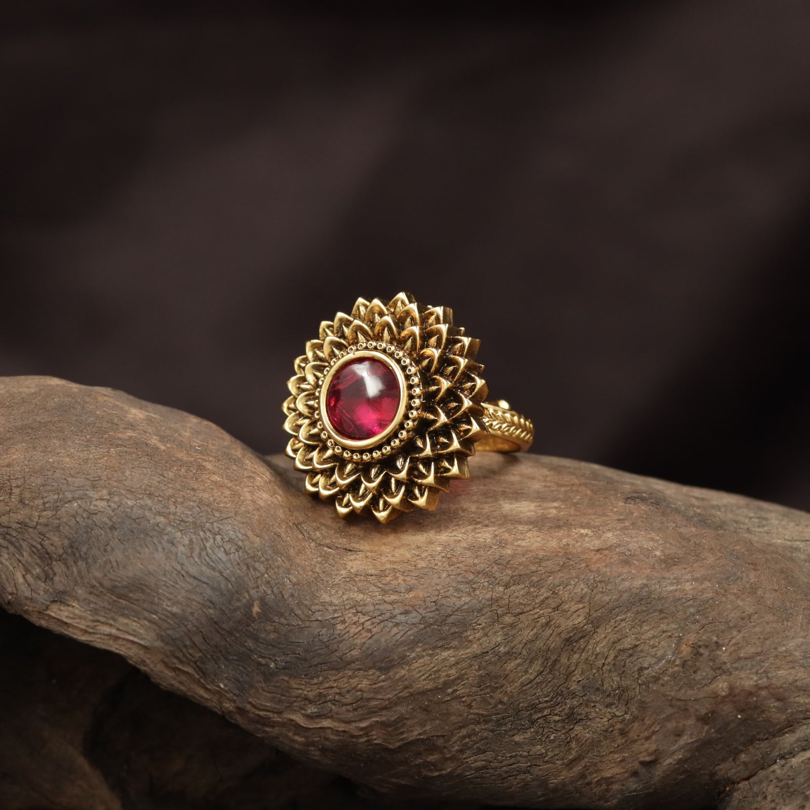 Designer Lotus Petal Inspired Antique Finger Ring With Oval Centre Accent