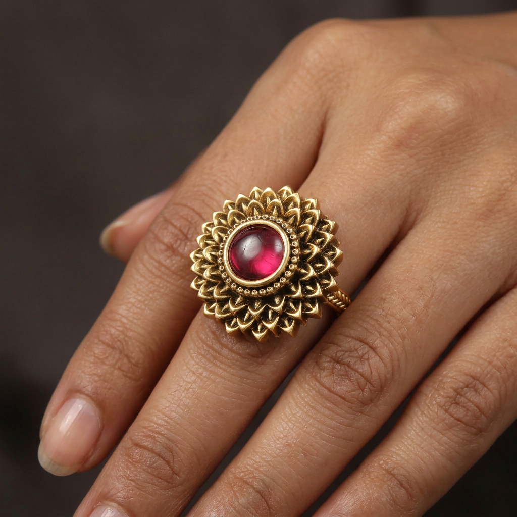 Designer Lotus Petal Inspired Antique Finger Ring With Oval Centre Accent