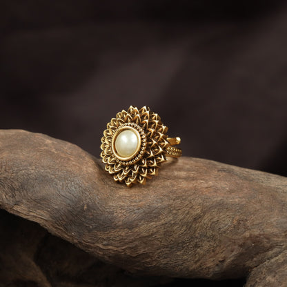 Designer Lotus Petal Inspired Antique Finger Ring With Oval Centre Accent