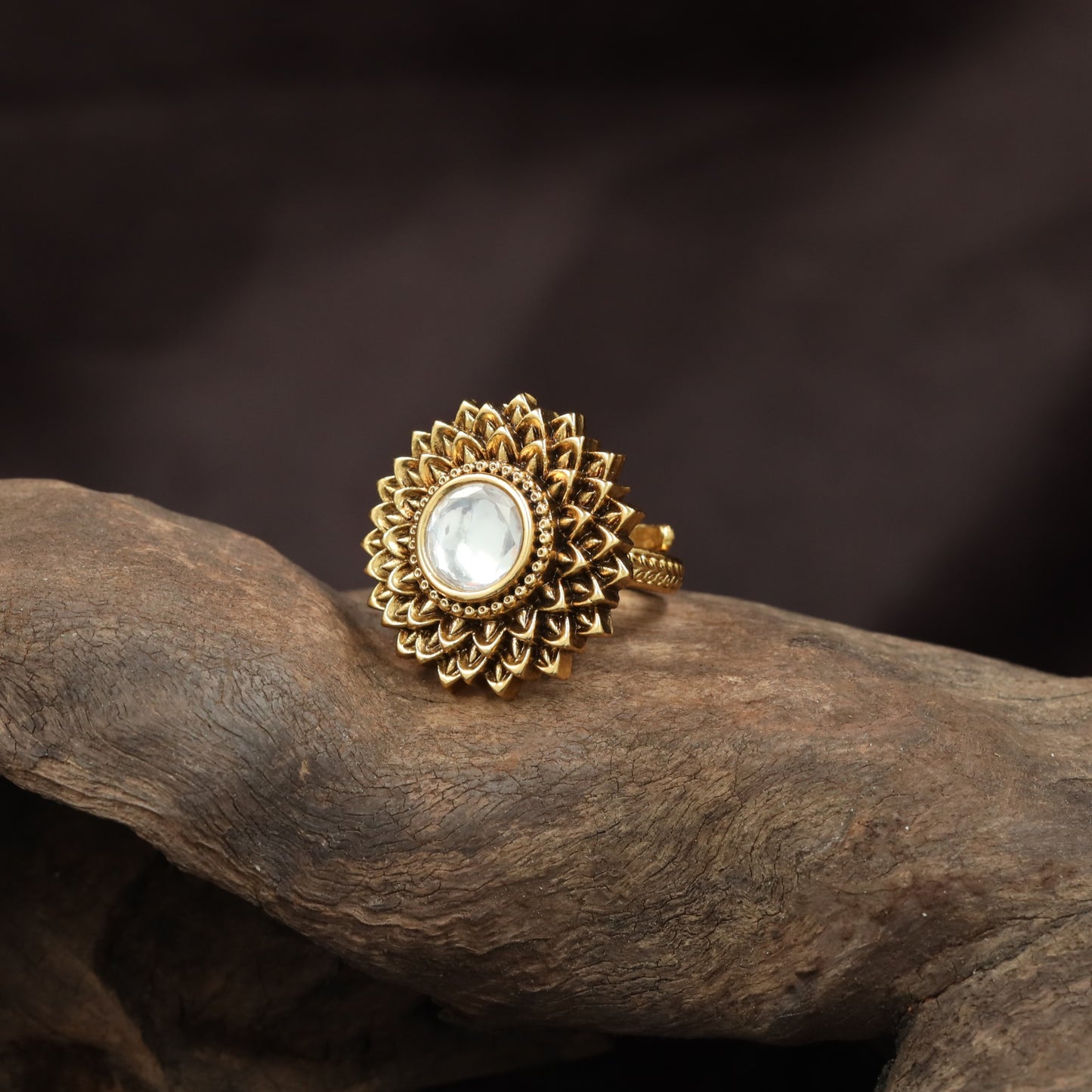 Designer Lotus Petal Inspired Antique Finger Ring With Oval Centre Accent