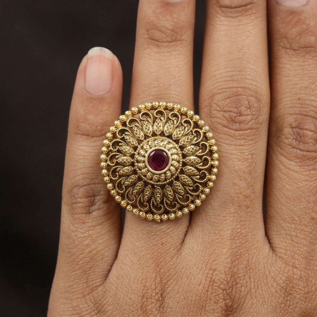 Heritage Concentric Rosette Antique Finger Ring With Raised Centre Detail
