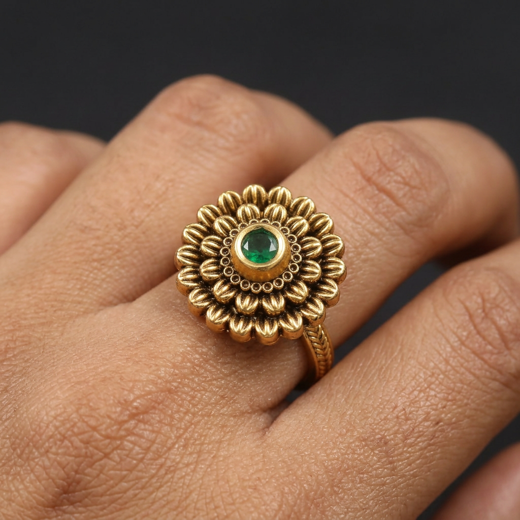 Festive Sunburst Pattern Antique Finger Ring With Decorative Centre