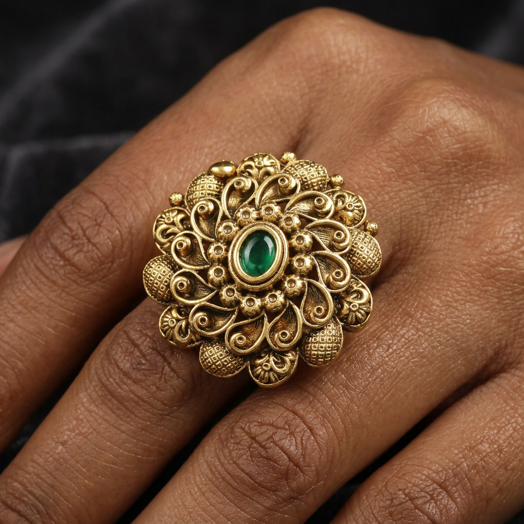 Premium Floral Centrepiece Antique Finger Ring With Curved Scroll Accents