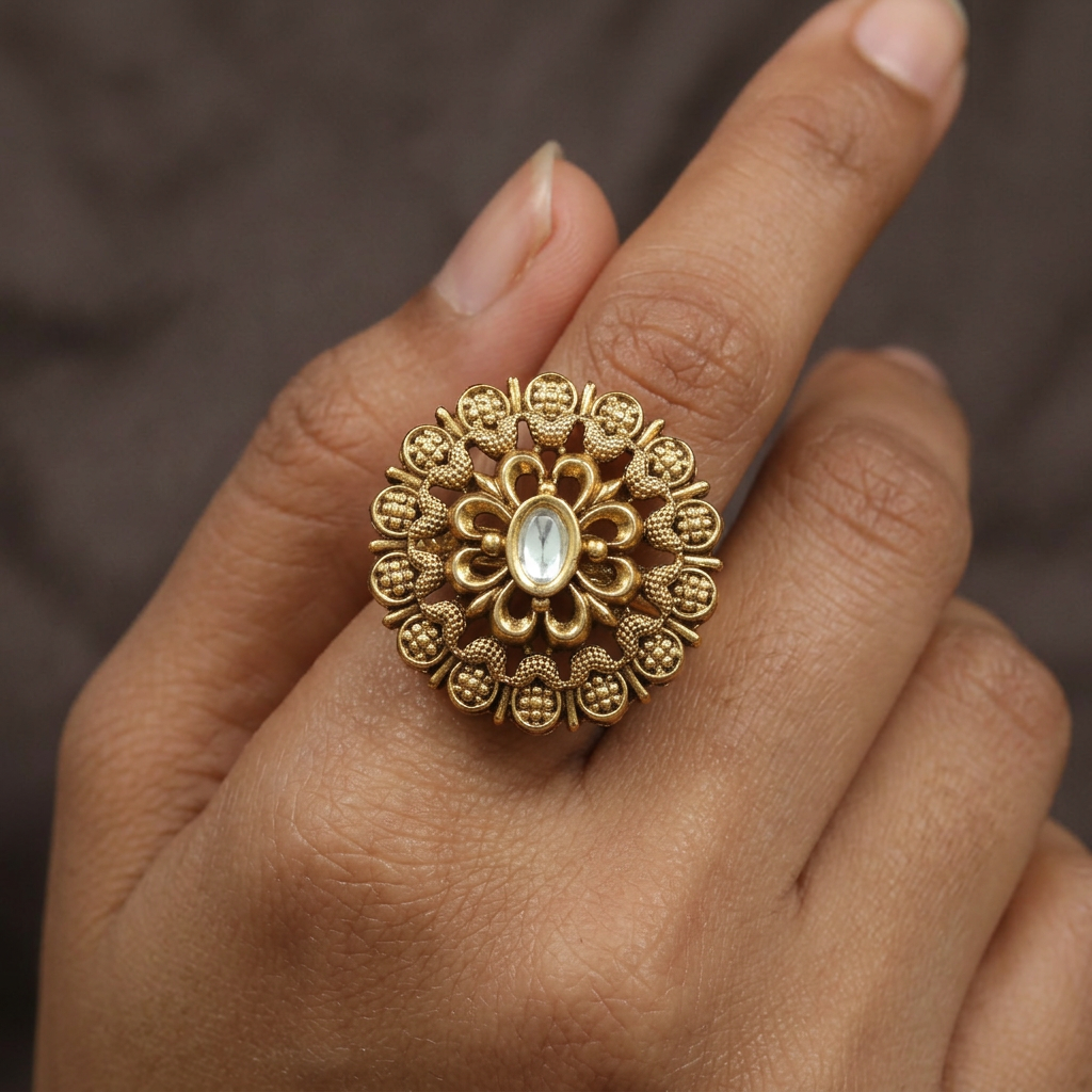 Cultural Antique Finger Ring with Ornamental Gemstone Highlights