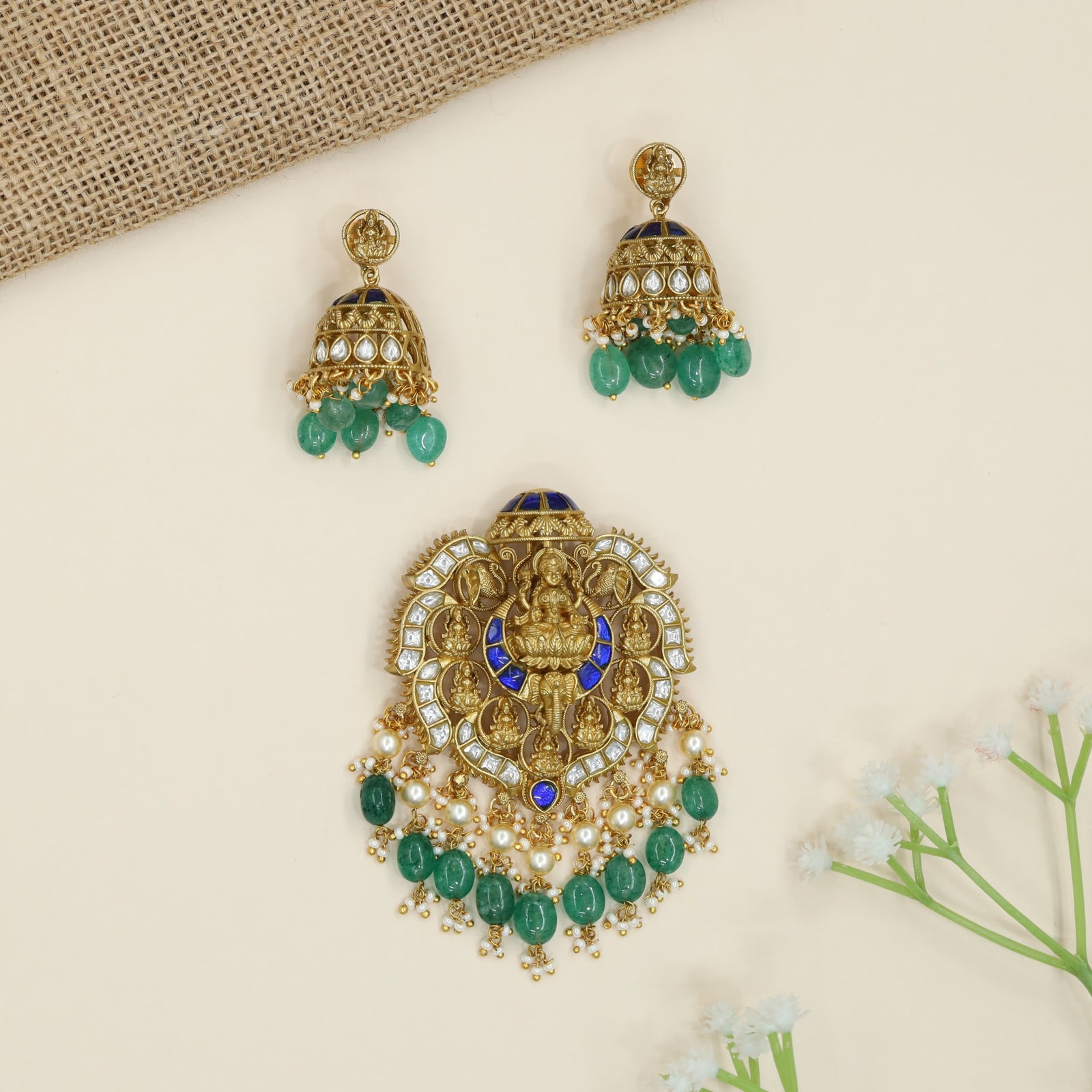 Designer Lakshmi Pendant Set with Coin Panels and Hanging Beads