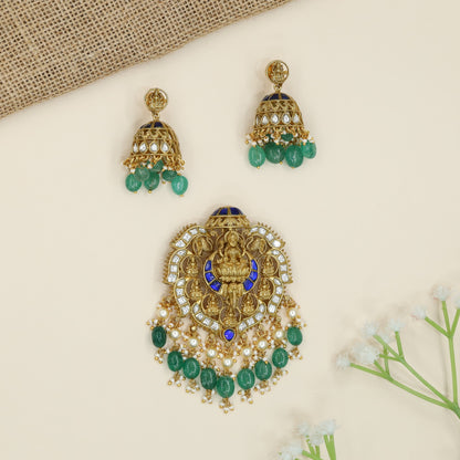 Designer Lakshmi Pendant Set with Coin Panels and Hanging Beads