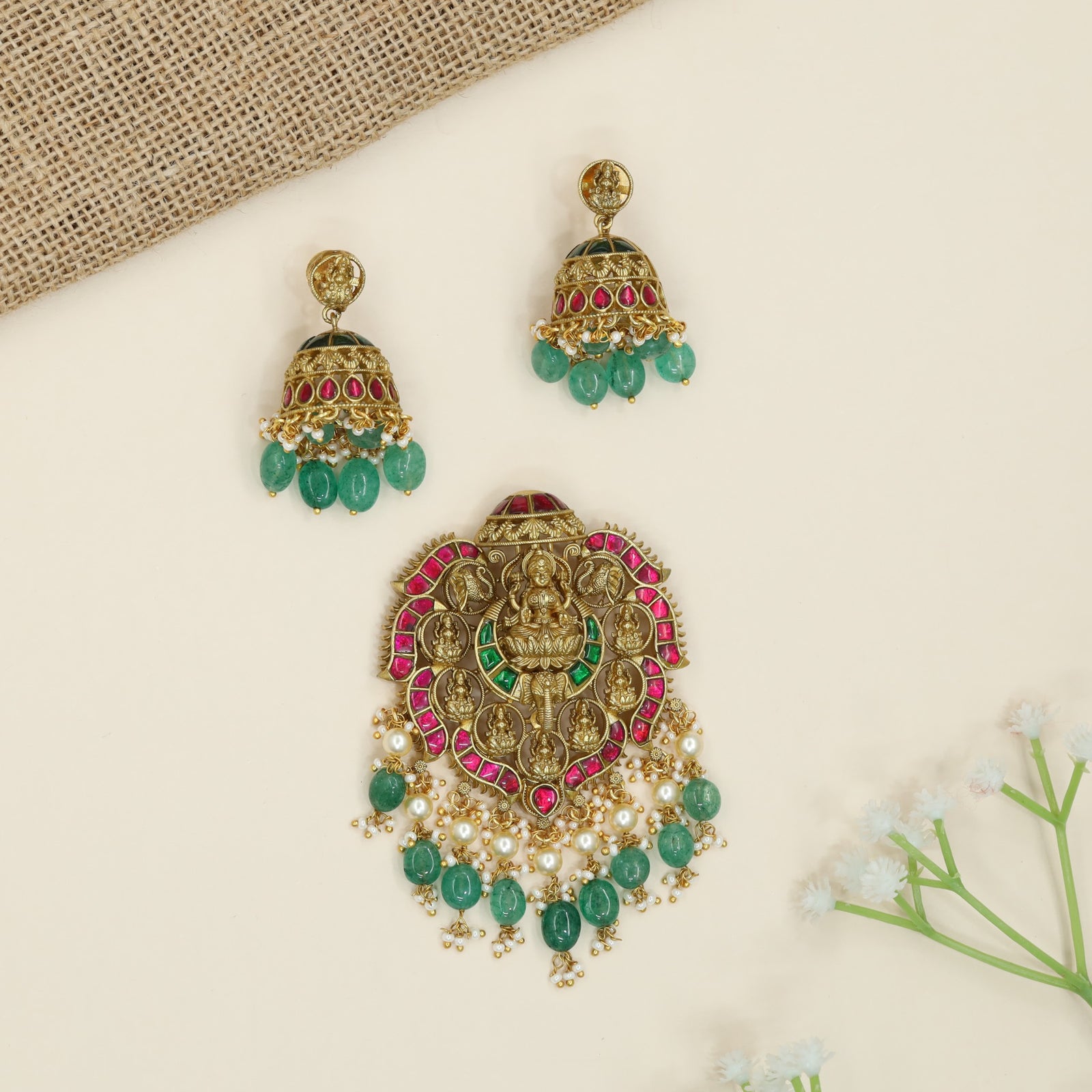Designer Lakshmi Pendant Set with Coin Panels and Hanging Beads