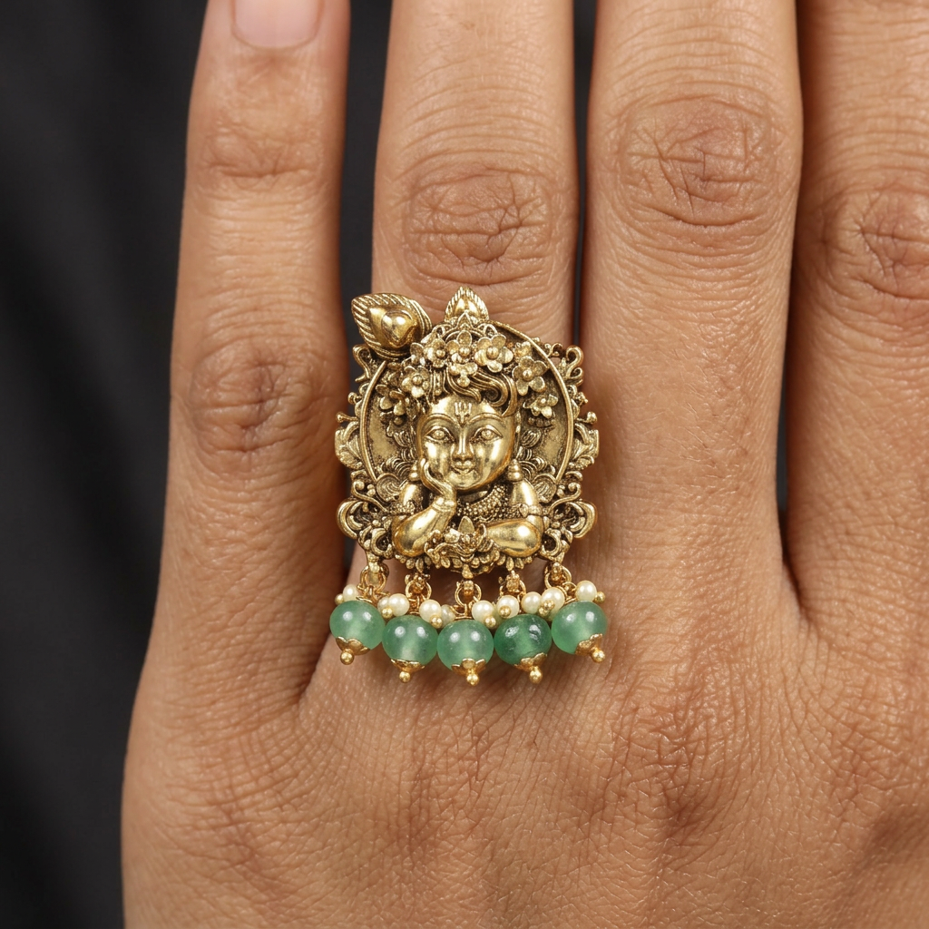 Grand Antique Finger Ring framed by Krishna Embossed Borders