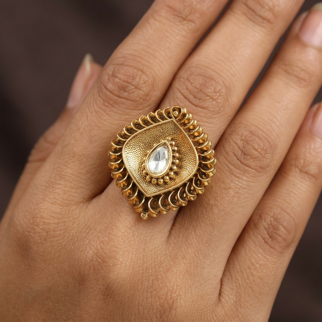 Luxury Antique Finger Ring with Carved Diamond Framework