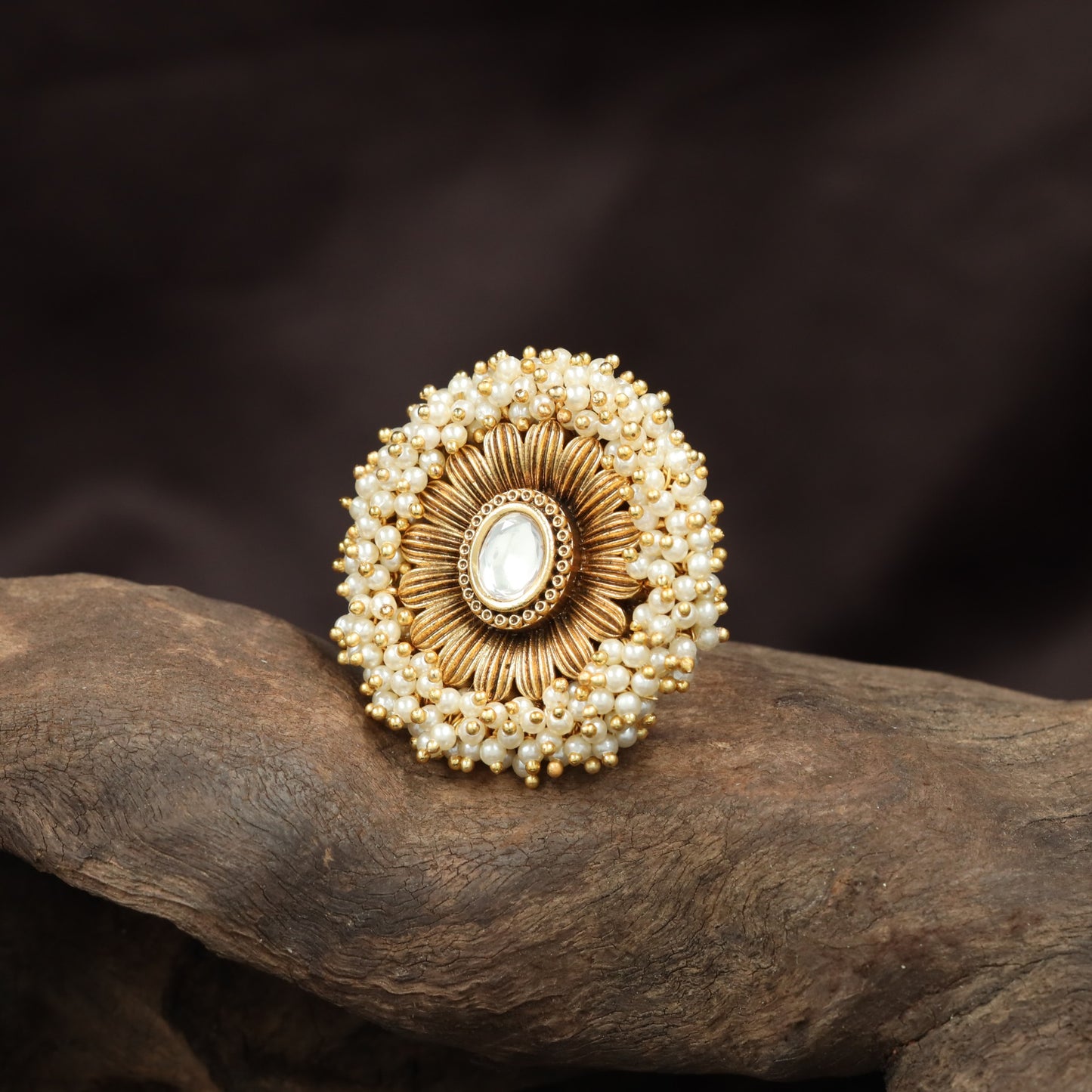 Festive Bloom Design Antique Finger Ring In Traditional Halo Structure