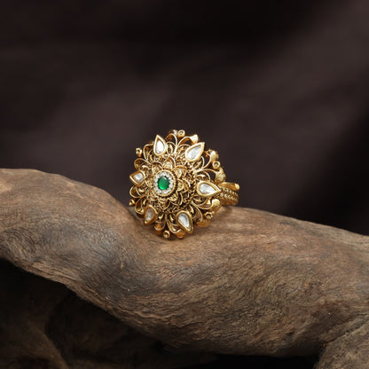 Signature Floral Crest Antique Finger Ring With Sculpted Surface Work