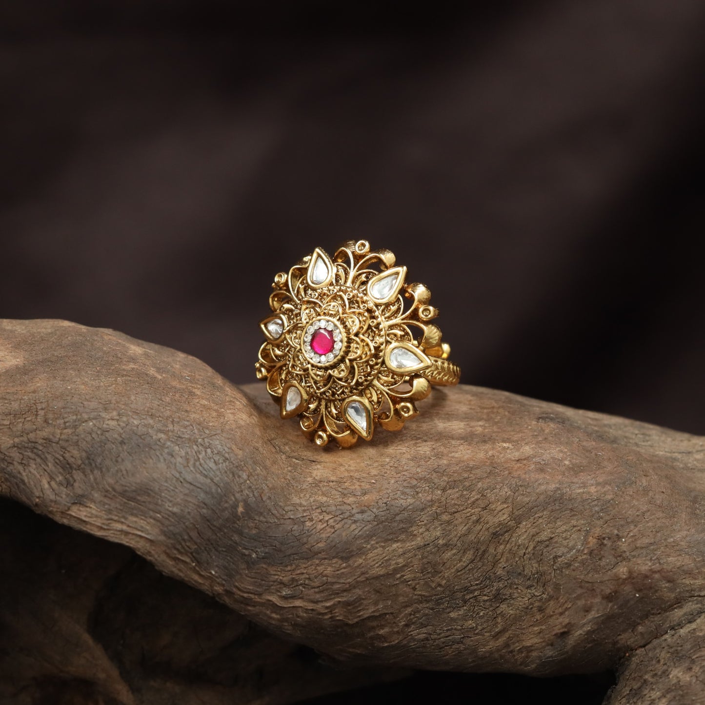 Signature Floral Crest Antique Finger Ring With Sculpted Surface Work