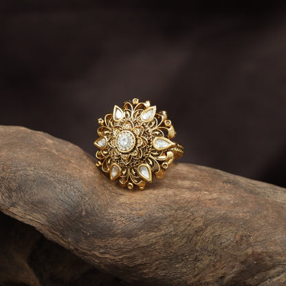 Signature Floral Crest Antique Finger Ring With Sculpted Surface Work