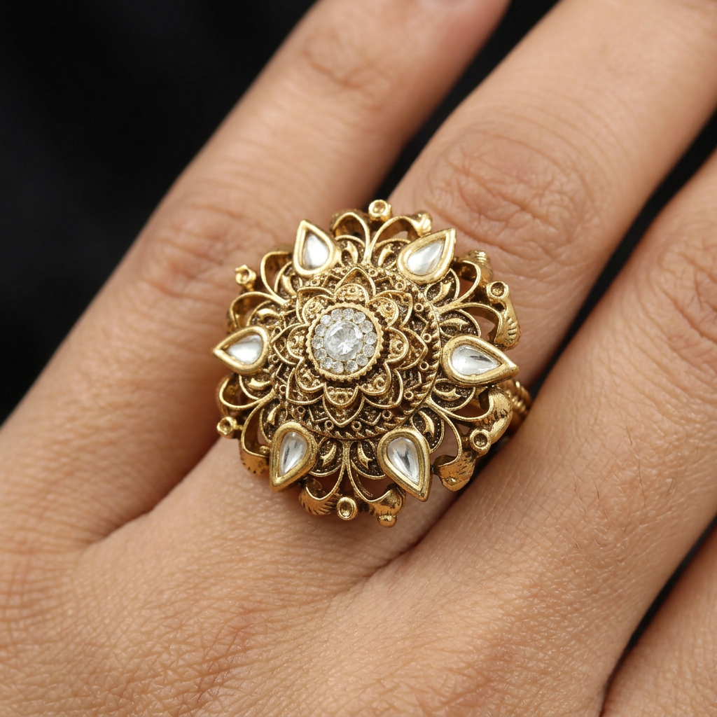 Signature Floral Crest Antique Finger Ring With Sculpted Surface Work