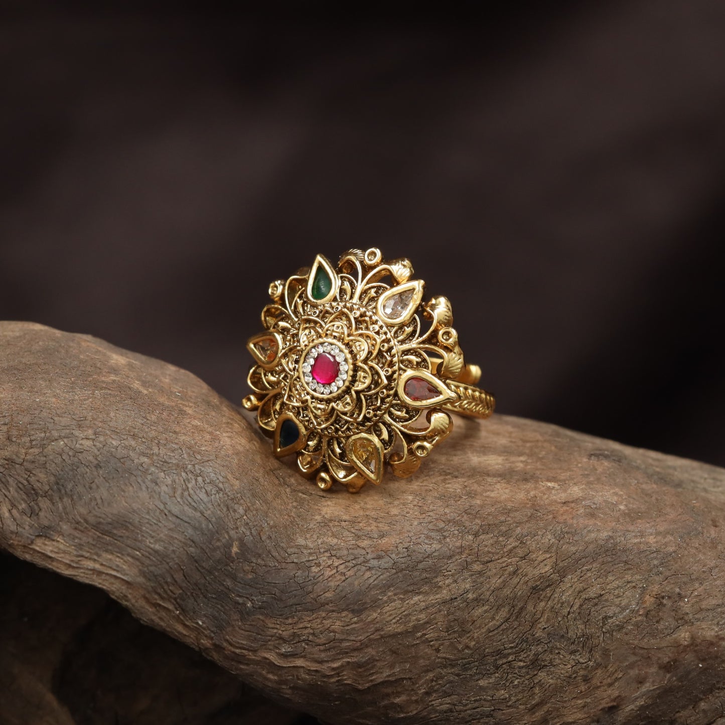 Signature Floral Crest Antique Finger Ring With Sculpted Surface Work
