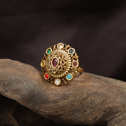 Royal Floral Frame Antique Finger Ring With Elevated Disc Craftsmanship