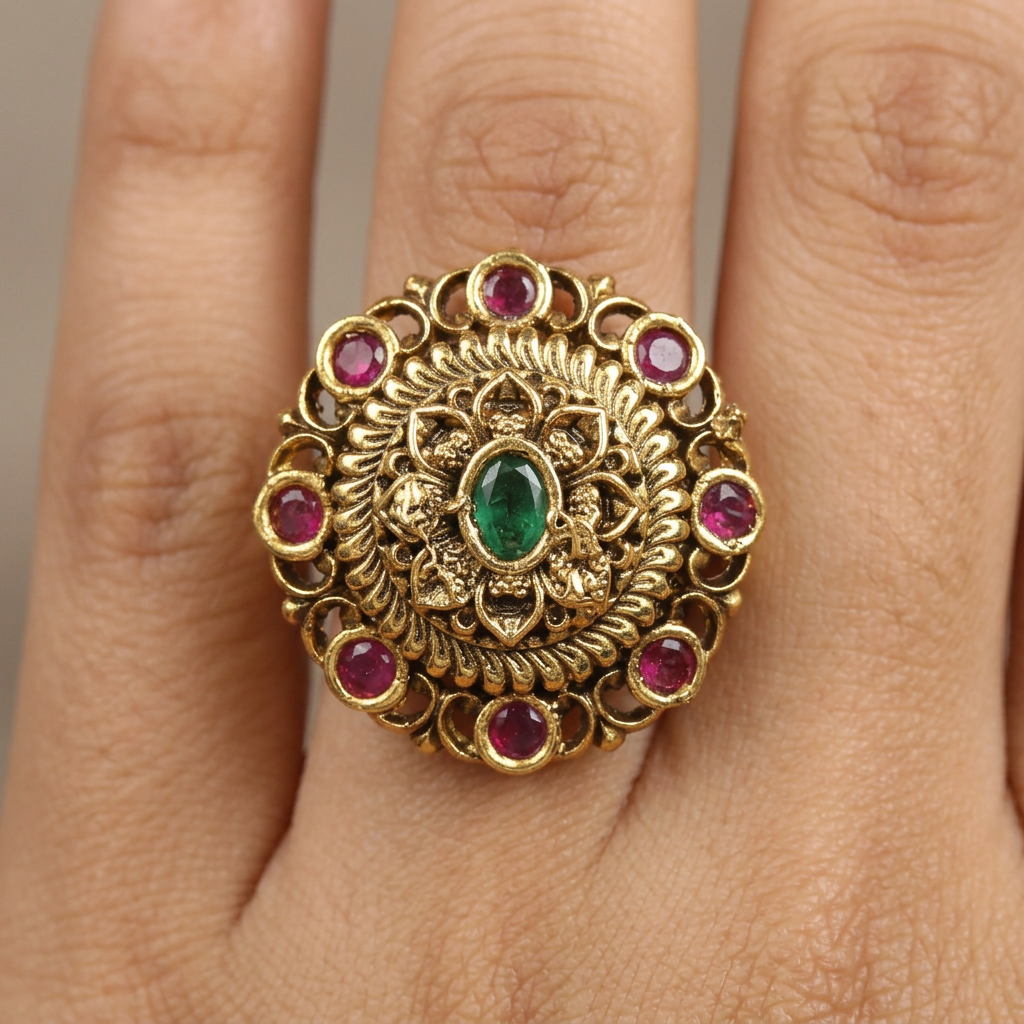 Royal Floral Frame Antique Finger Ring With Elevated Disc Craftsmanship
