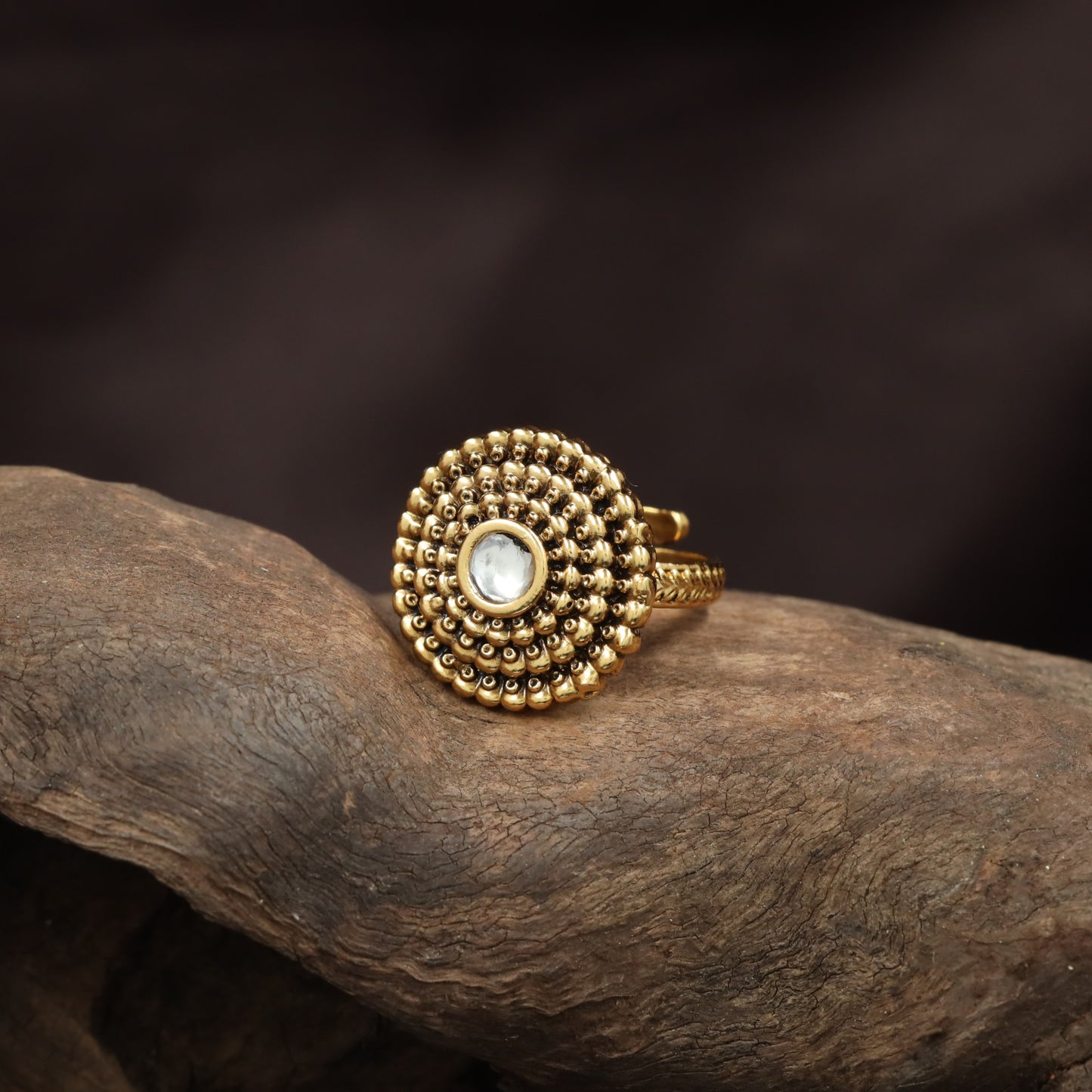 Regal Sunburst Antique Finger Ring With Layered Bead Border Design