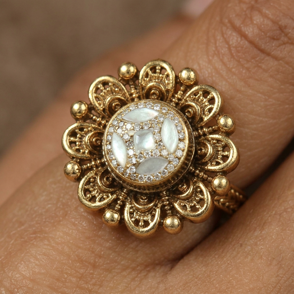 Heritage Bloom Style Antique Finger Ring Featuring Textured Border Craft