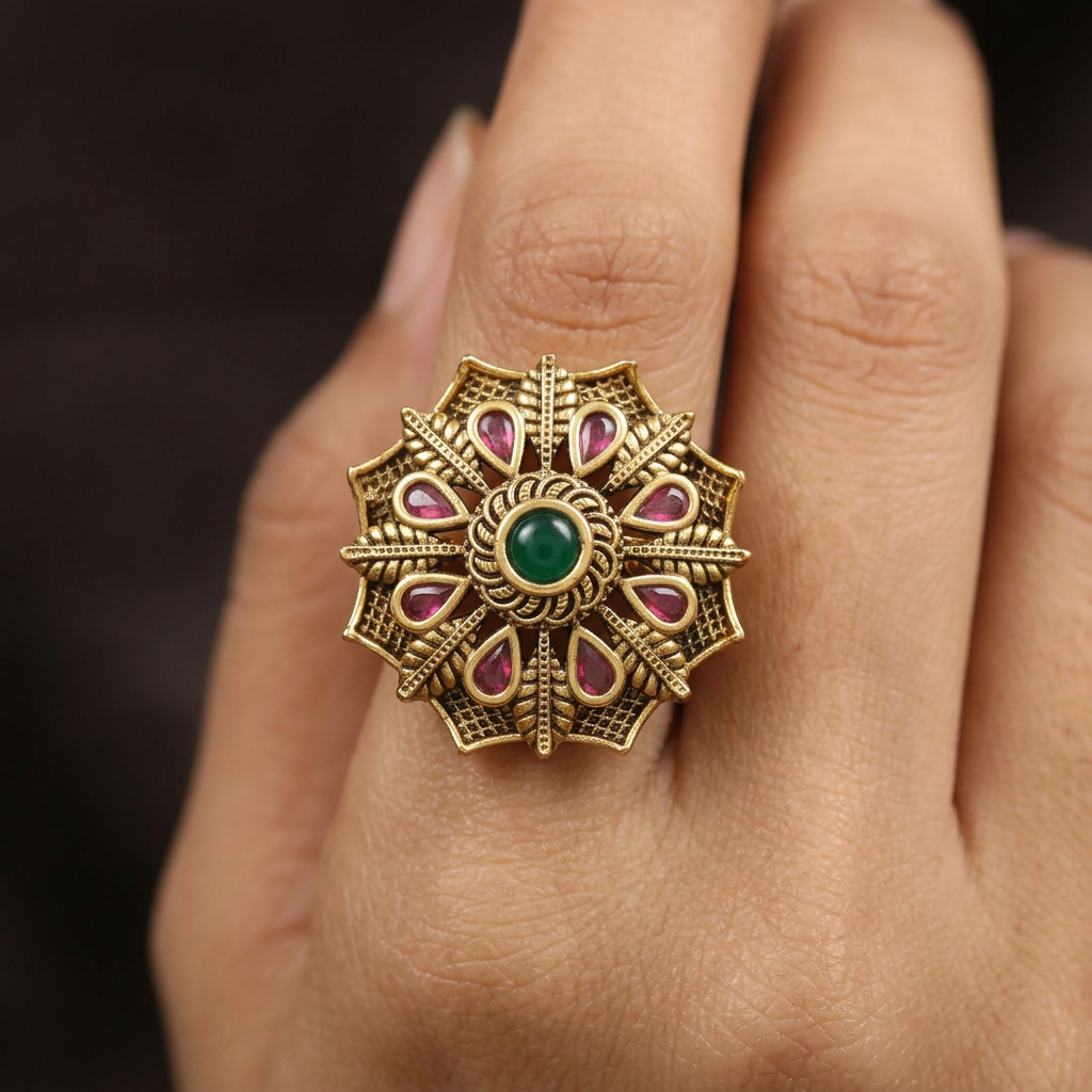 Majestic Floral Star Antique Finger Ring With Detailed Centre Framing
