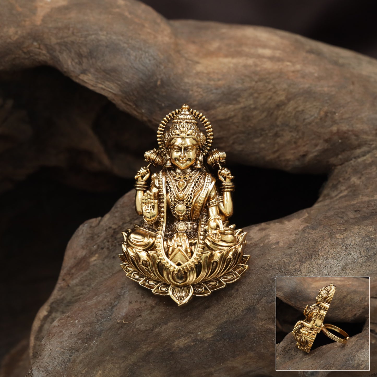 Traditional Lakshmi Antique Finger Ring With Ornamental Styling