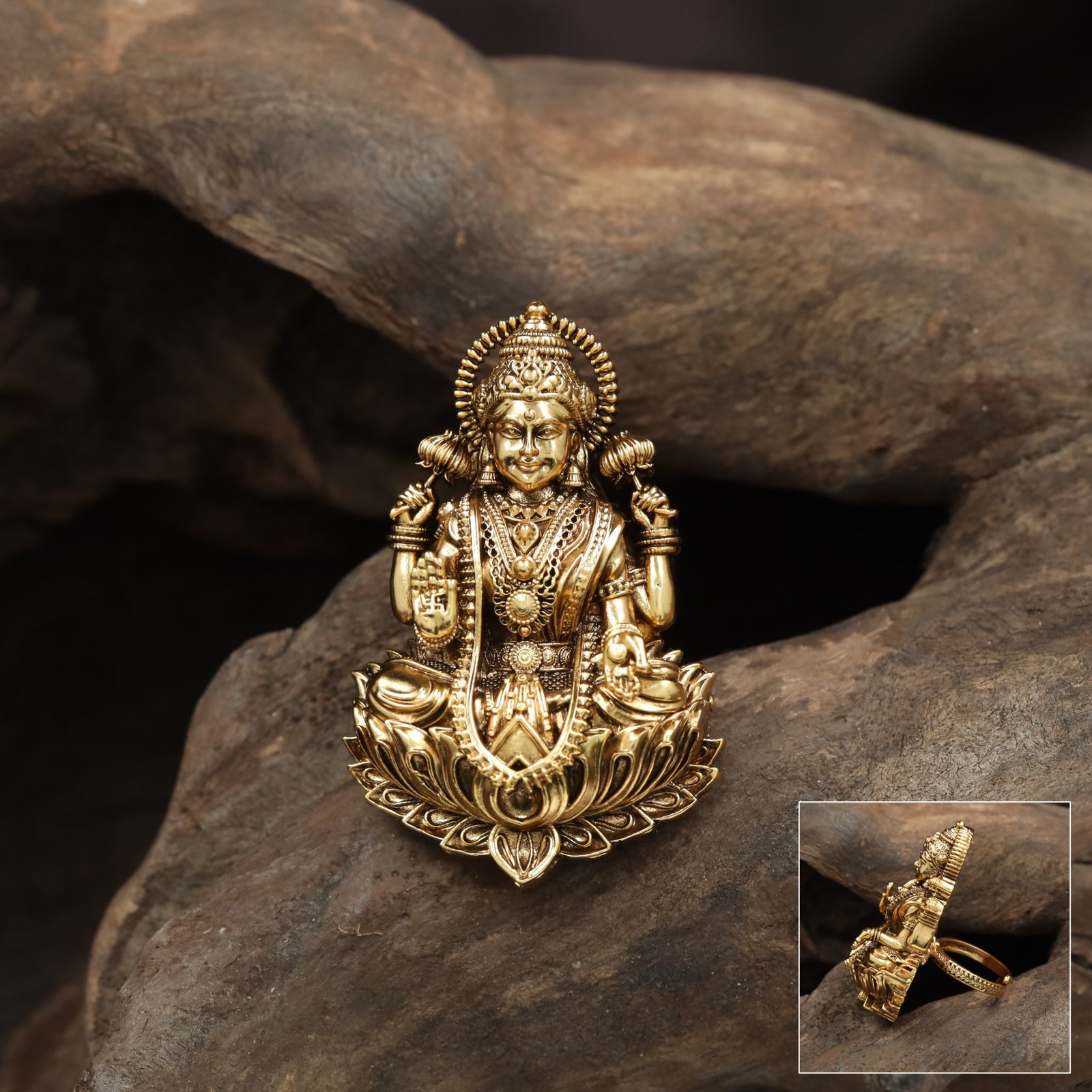 Traditional Lakshmi Antique Finger Ring With Ornamental Styling