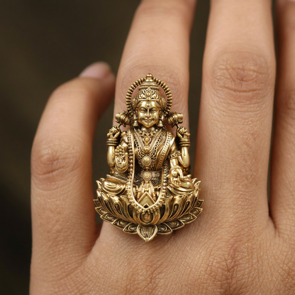Traditional Lakshmi Antique Finger Ring With Ornamental Styling