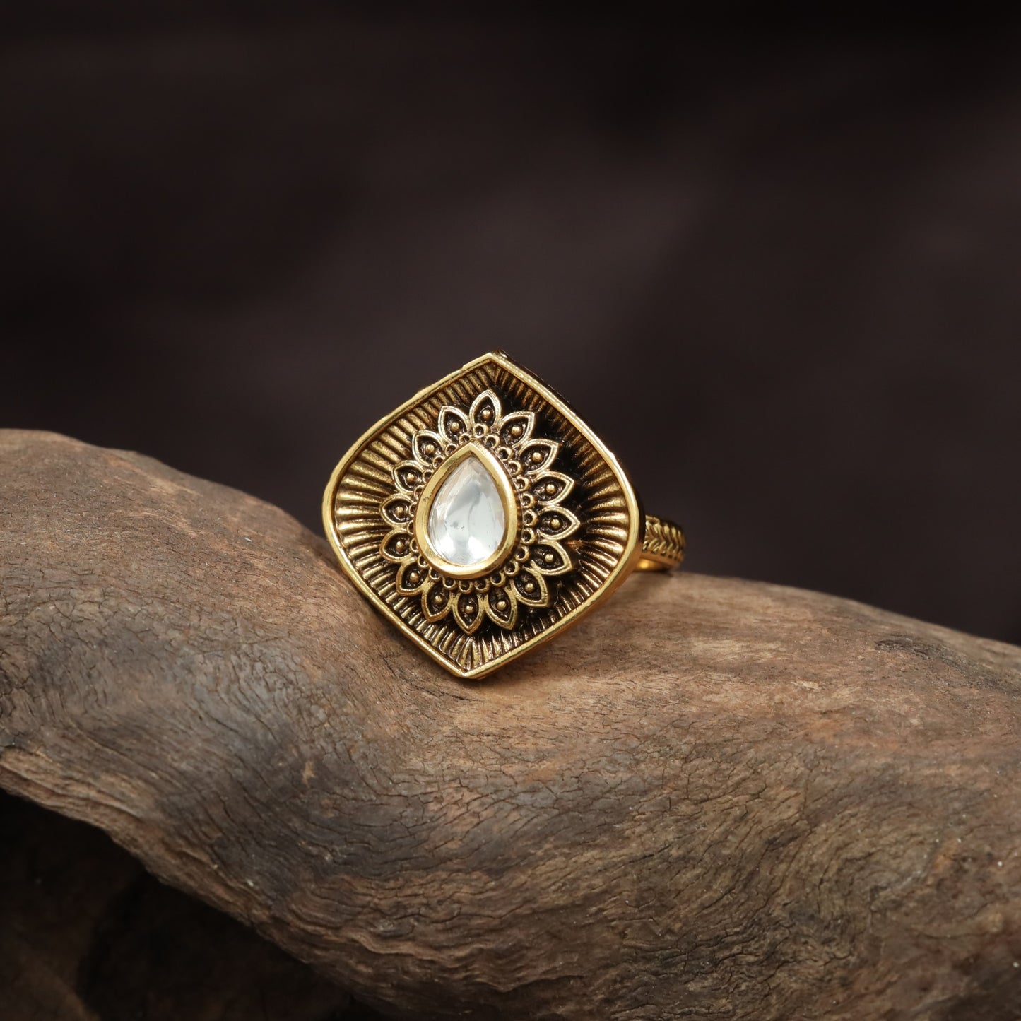 Designer Diamond Shape Antique Finger Ring With Floral Styling