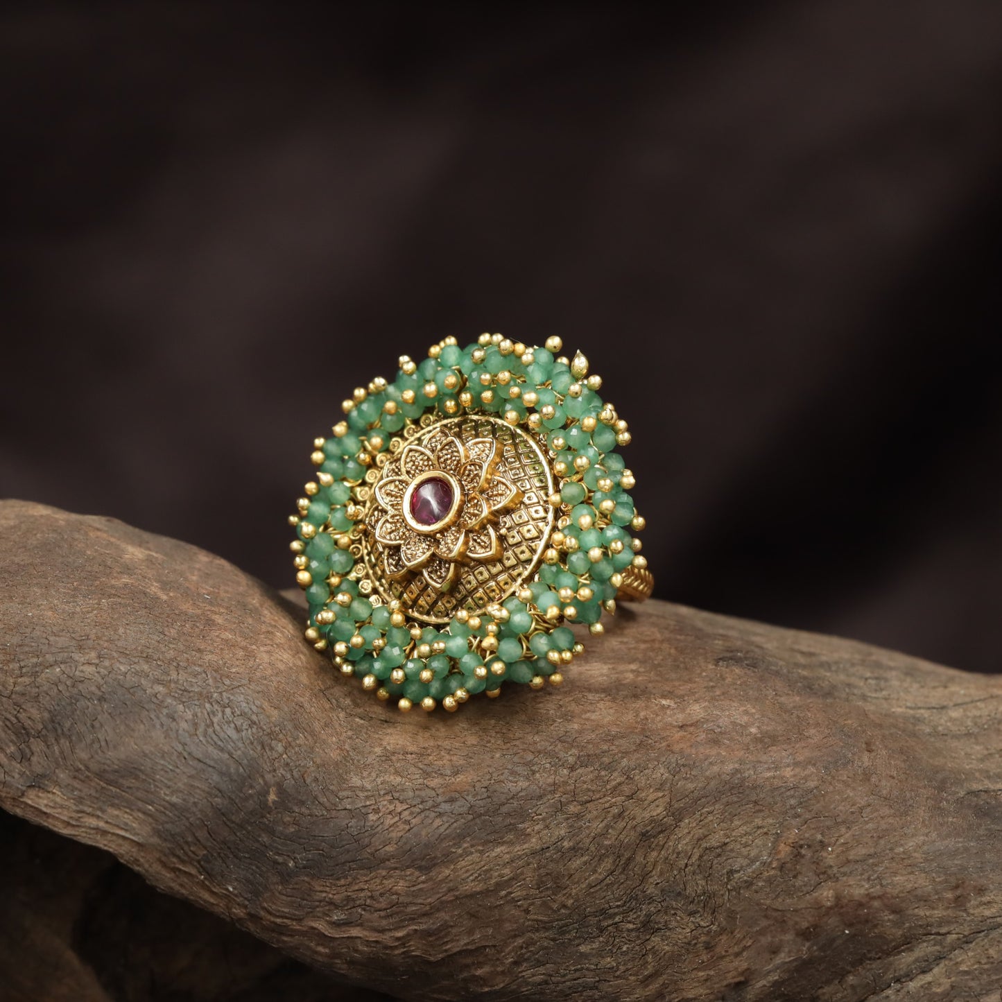 Designer Circular Floral Antique Finger Ring With Border Styling