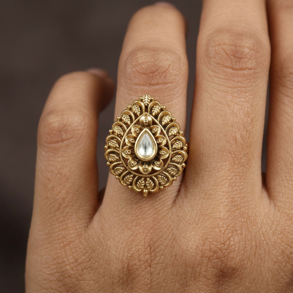 Antique Pear Border Finger Ring With Layered Detailing