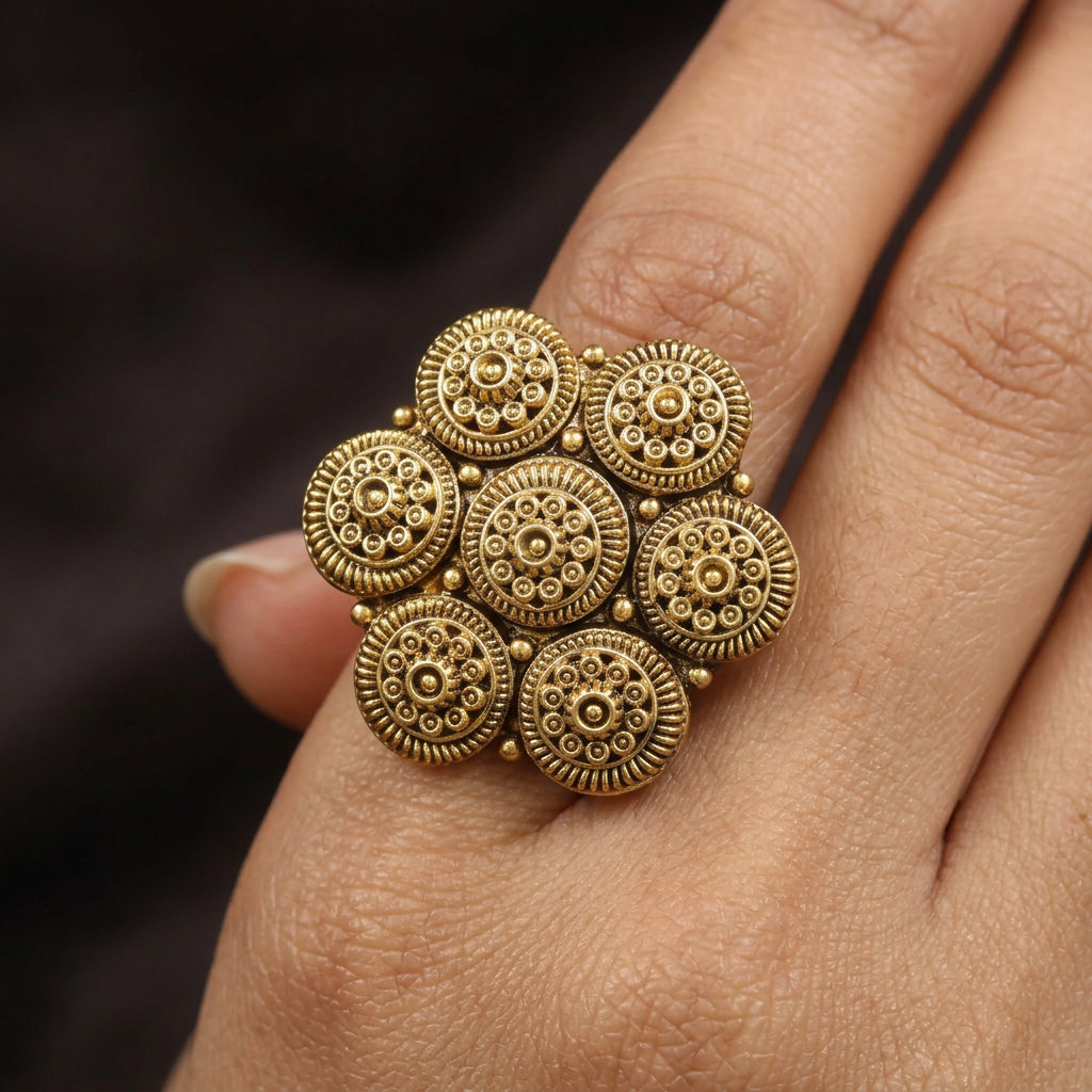 Traditional Multi Disc Antique Finger Ring With Floral Pattern