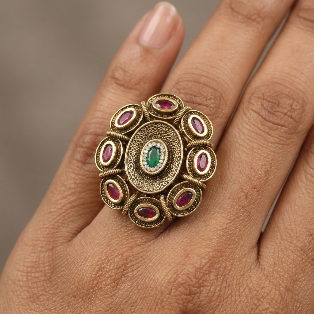 Classic Multi Oval Antique Finger Ring With Ornamental Work