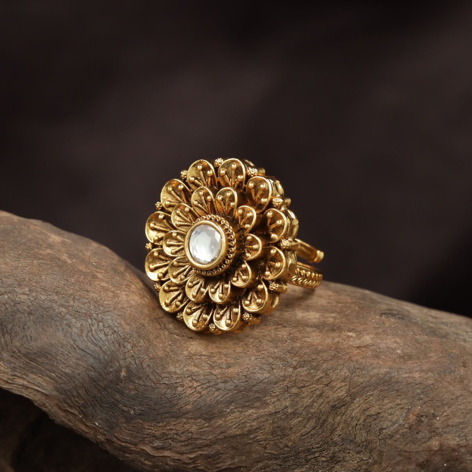 Traditional Layered Floral Antique Finger Ring With Disc Work