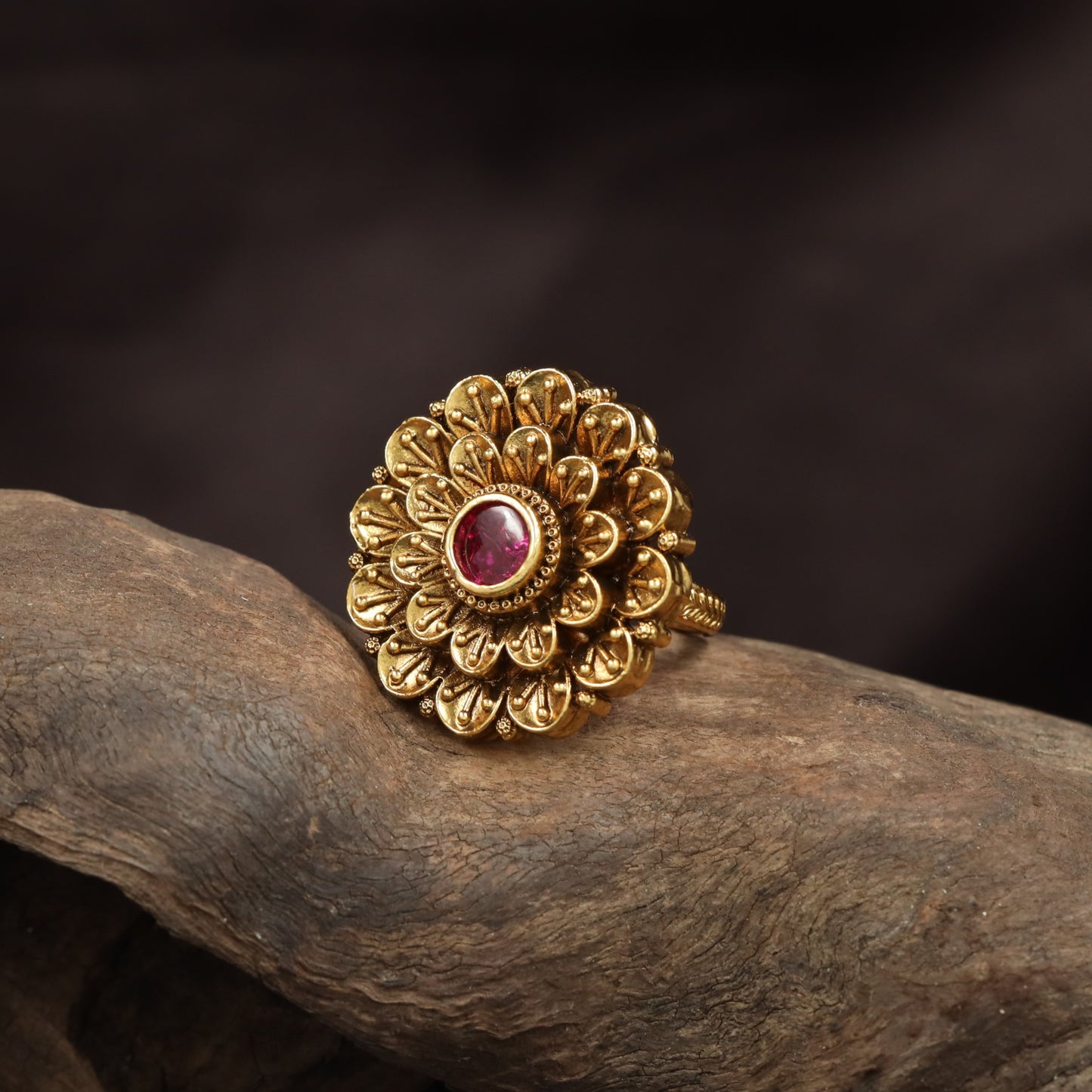 Traditional Layered Floral Antique Finger Ring With Disc Work