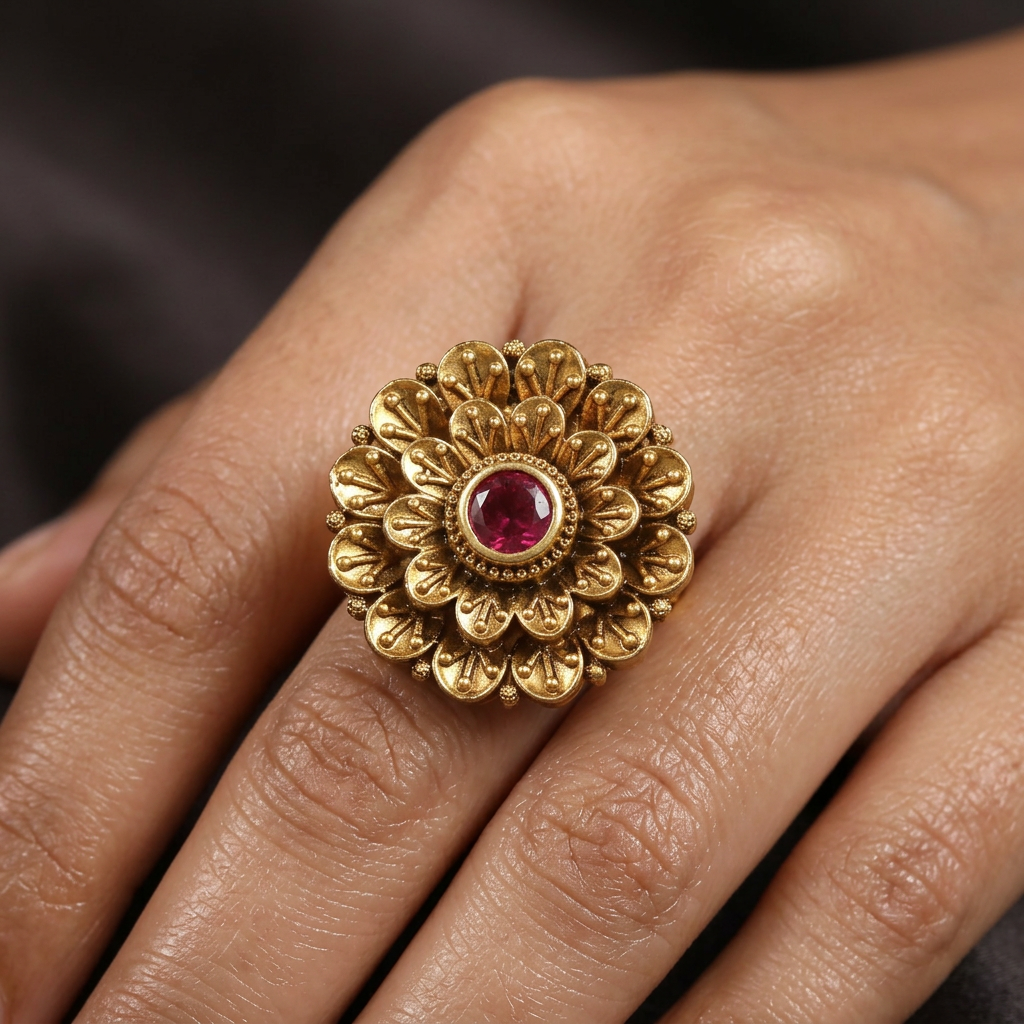 Traditional Layered Floral Antique Finger Ring With Disc Work